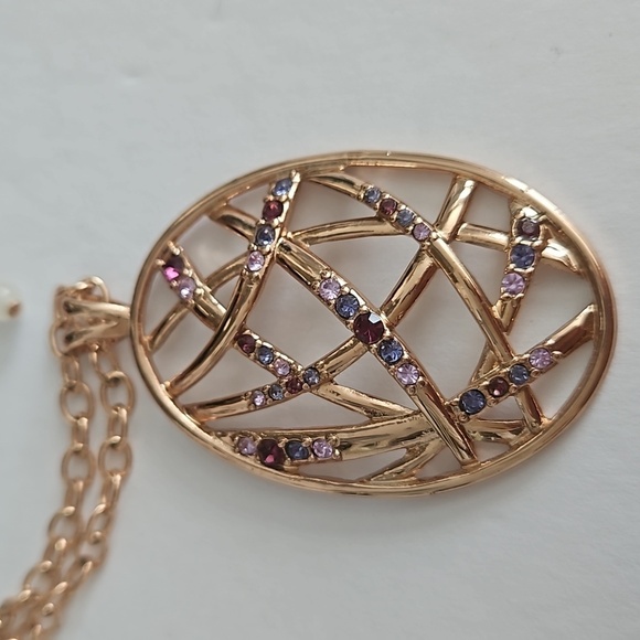 NRT Rose Gold Tone Pendant w/ Purple, Blue & Clear Rhinestones on 30" Chain - Picture 1 of 8